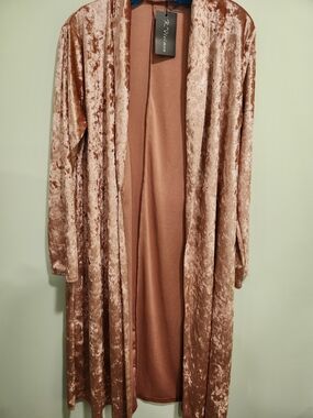 Velvet Long Open-Front Robe in Rose Gold Nwt